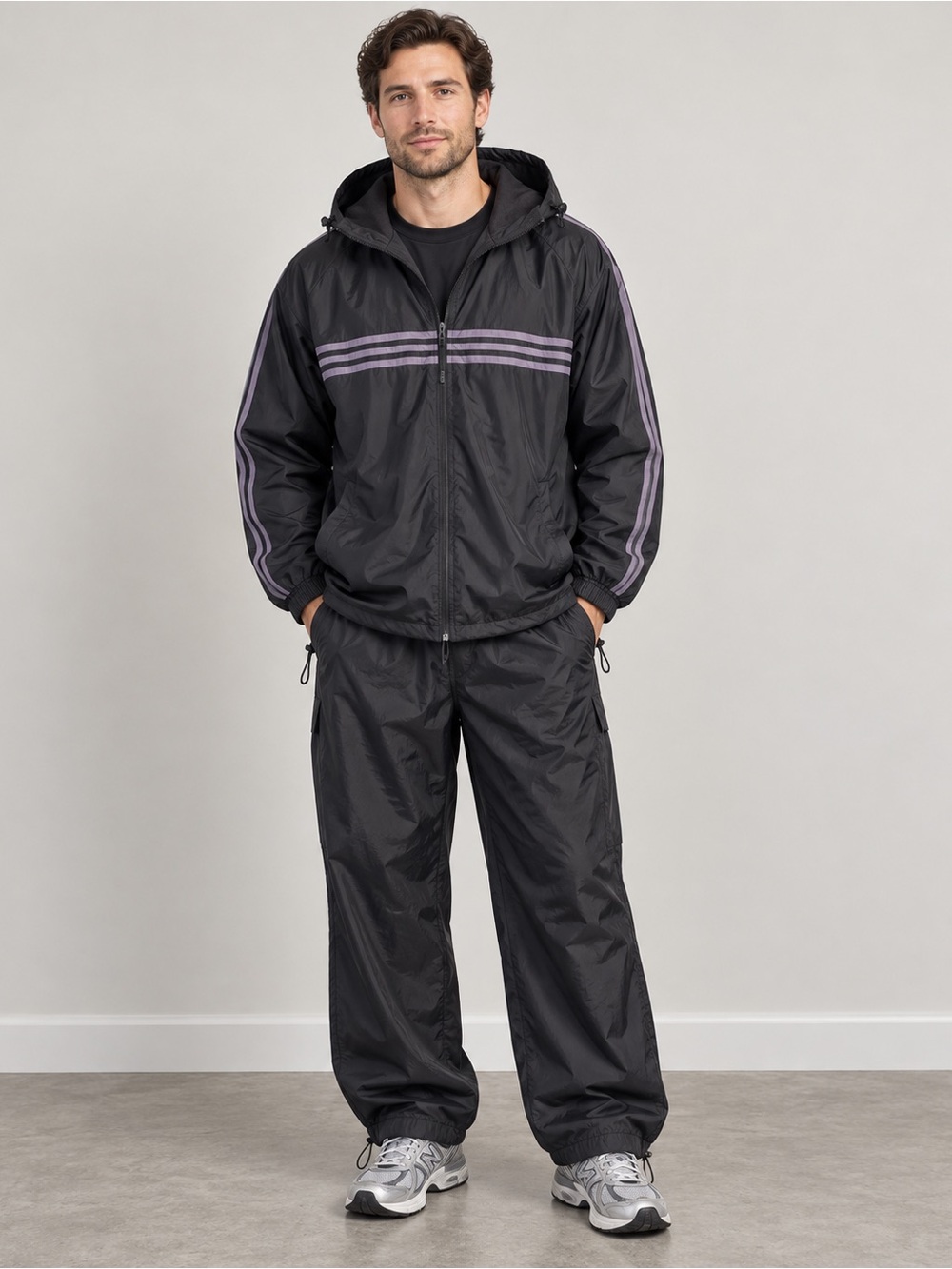 Men's Black Hooded Windbreaker with Lavender Stripe Trim